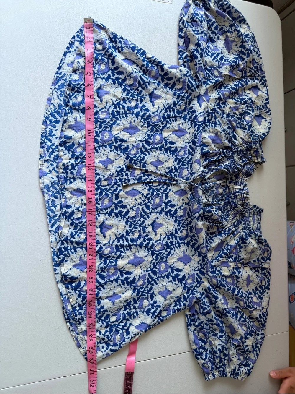 Free People Cotton Willow Printed Boho Blouse Smock-Neck Short Puff Sleeve